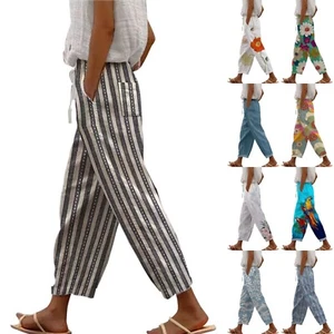 Womens Linen Pants with Pockets High Waist Comfy Pants Casual Loose Trousers US - Picture 1 of 46