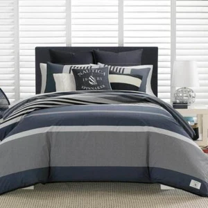 Nautica Comforter Set Reversible, Soft Cotton Striped King Charcoal (3-Piece) - Picture 1 of 9