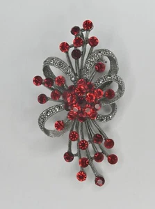 Vintage Red Rhinestone Crystal Ribbon Flower Bouquet Pendant Brooch Pin - Picture 1 of 3