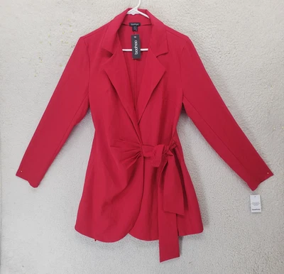 Boohoo Blazer Womens US 6 Red Poly Blend Belted Long Sleeve Open Front Jacket - Image 1 of 4