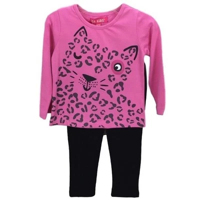 Девочек 2T розовый леопард лицо печать длинным рукавом Топ и черный леггинсы комплект - Изображение 1 из 4