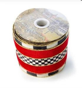Mackenzie Childs Courtly Regal Ribbon Velvet Red 4" x 5 yds Courtly Check Gold - Picture 1 of 4