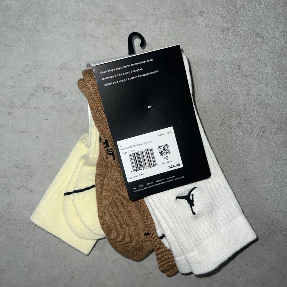 Jordan Men's Everyday Crew Socks DX9632-919 Multi 3 Pack Size L 8-12 Sand/Brown