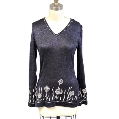 Top tejido metálico Ruffians de colección años 70 negro azul plata imitación perla disco glamour M Foto 1 de 4