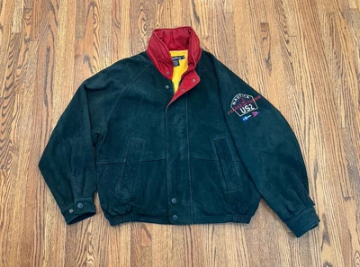 Chaqueta Bomber Nautica Clase J Racing US2 Vintage Años 90 Gamuza Cuero Bloques de Color 44 Foto 1 de 4