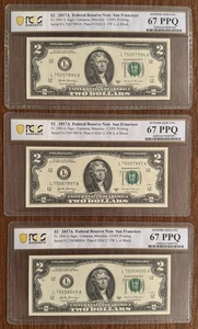 3 PCS $2 2017A FEDERAL RESERVE NOTES SAN FRANCISCO PCGS 67PPQ FR1941-L CLOSE S/N - Picture 1 of 2
