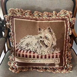 Vtg Wool Needlepoint Point Pillow Westie West Highland Terrier 14x14 - Picture 1 of 8