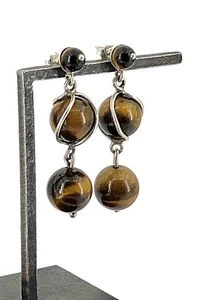 Vintage Sterlingsilber & Tigerauge baumelnde umwickelte Perlen Ohrstecker  - Bild 1 von 6