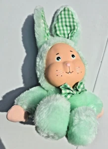 VTG 1984 EMOTIONS BUNNY RABBIT PLUSH Mattel Vinyl Face Easter Plaid Ears Green - Picture 1 of 13