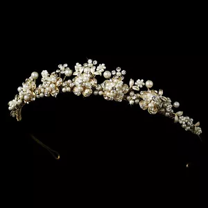 Gold Ivory Clear Rhinestone Pearl Floral Leaf Bridal Wedding Tiara Headband - Picture 1 of 3