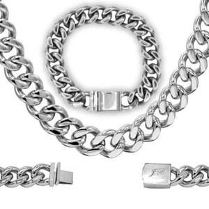 Miami Cuban Link Chain Necklace Bracelet Stainless Steel Set Men - Picture 1 of 4