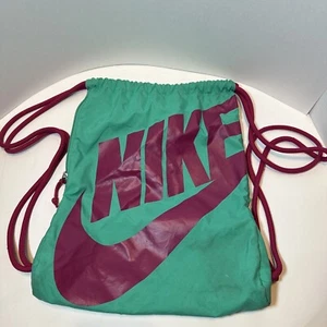 Nike Graphic Drawstring Gym Bag Pink/Teal Swoosh And Drawstrings14x17" Nylon - Picture 1 of 12