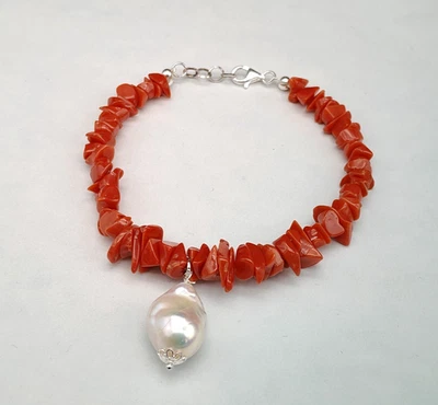 Bracciale donna corallo rosso  Sardegna perla barocca argento 925 made in Italy - Immagine 1 di 4