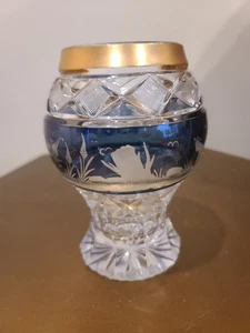Vaso in vetro boemo vintage taglio vetro caccia design 6" - Foto 1 di 5