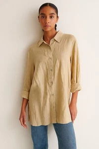 Magaschoni Damen Gr. M Medium 100% Leinen Langarm Hemd Beige - Bild 1 von 8