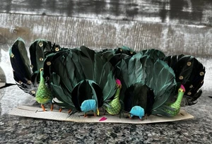 18 Vintage Pfauenfeder beflockt Weihnachtsschmuck Draht grün/blau OIB - Bild 1 von 12