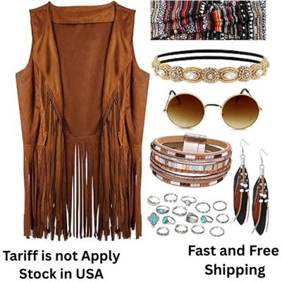 Conjunto de Disfraz Hippie para Mujer Años 60 70 Flecos Chaleco Gafas de Sol Disco Retro Conjunto Foto 1 de 4