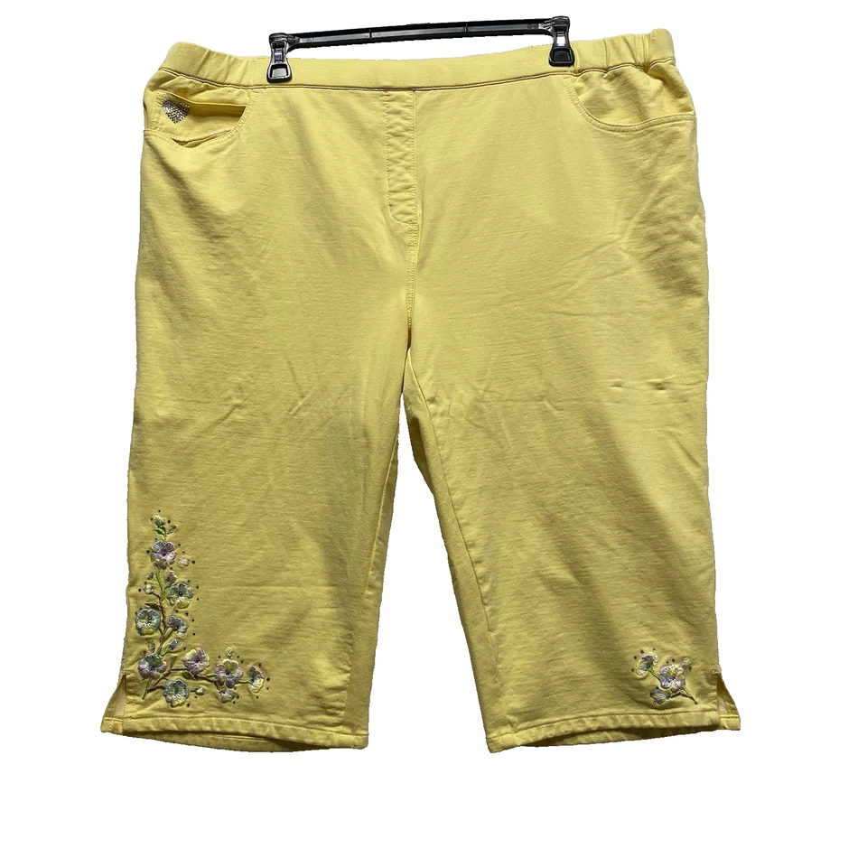 Quacker Factory DreamJeannes Floral Embroidered Capri Pants Plus Size 3X Yellow - Image 1 of 4