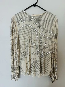 Vintage 80s 1920s Style Cream Silk Blouse Beaded & Sequins Art Deco Pattern Sz M - Picture 1 of 5