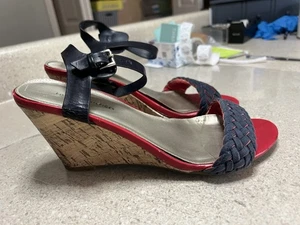 Tommy Hilfiger Women’s Red & Blue Braided Sandal Cork Wedge Sz8 Leather Nice - Picture 1 of 9