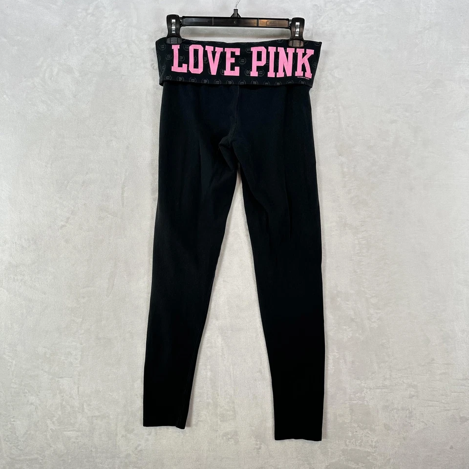PINK Victoria's Secret Leggings Womens Small Black Foldover Waist Love Pink Y2K - Image 1 of 4
