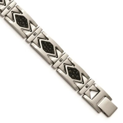 Stainless Steel Leather Black CZ Brushed Bracelet - Image 1 of 4