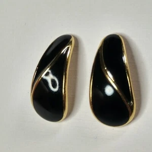 Trifari Earrings Black Enamel Gold Tone Post Pierced Vintage 80's 90's - Picture 1 of 9