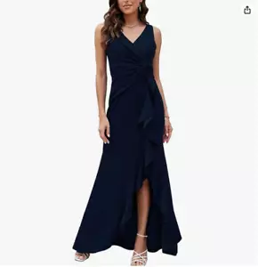 FQA Formal Elegant Evening Long Sexy V-Neck Split Wrap Dress (Navy, XL) - Picture 1 of 4