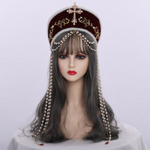 Women Tudor Headpiece Hood Coronet Tiara Renaissance Faux Pearl Cross French
