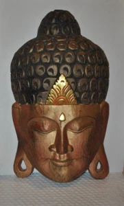 Maschera viso vintage Buddha 3D legno intagliato a mano 16"Hx 9"L x 4"W Indonesia targa parete - Foto 1 di 5