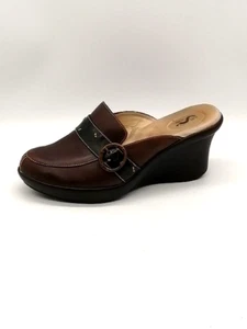 Softwalk Mules Womens Brown 9 Leather Clog Shoe Strap Buckle Wedge S8502-205 - Picture 1 of 11