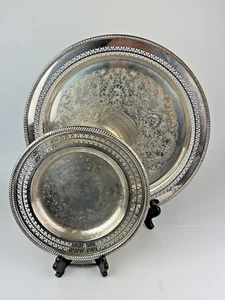 Pair Vintage Wm Rogers Silver Plate Round Serving Gallery Trays * 15" & 10" - Picture 1 of 5