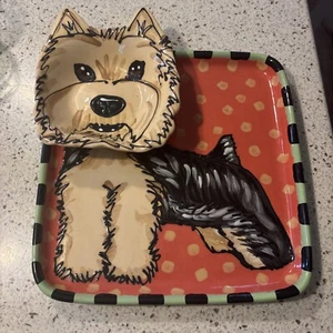 Yorkshire Terrier Yorkie Chip & Dip Plate Serving Dish With Bowl Signed Pottery - Picture 1 of 9