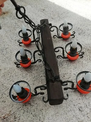 ANCIEN LUSTRE BOIS STYLE POUTRE ET FER FORGÉ OPALINES ORANGE TRÈS DESIGN - Photo 1/4