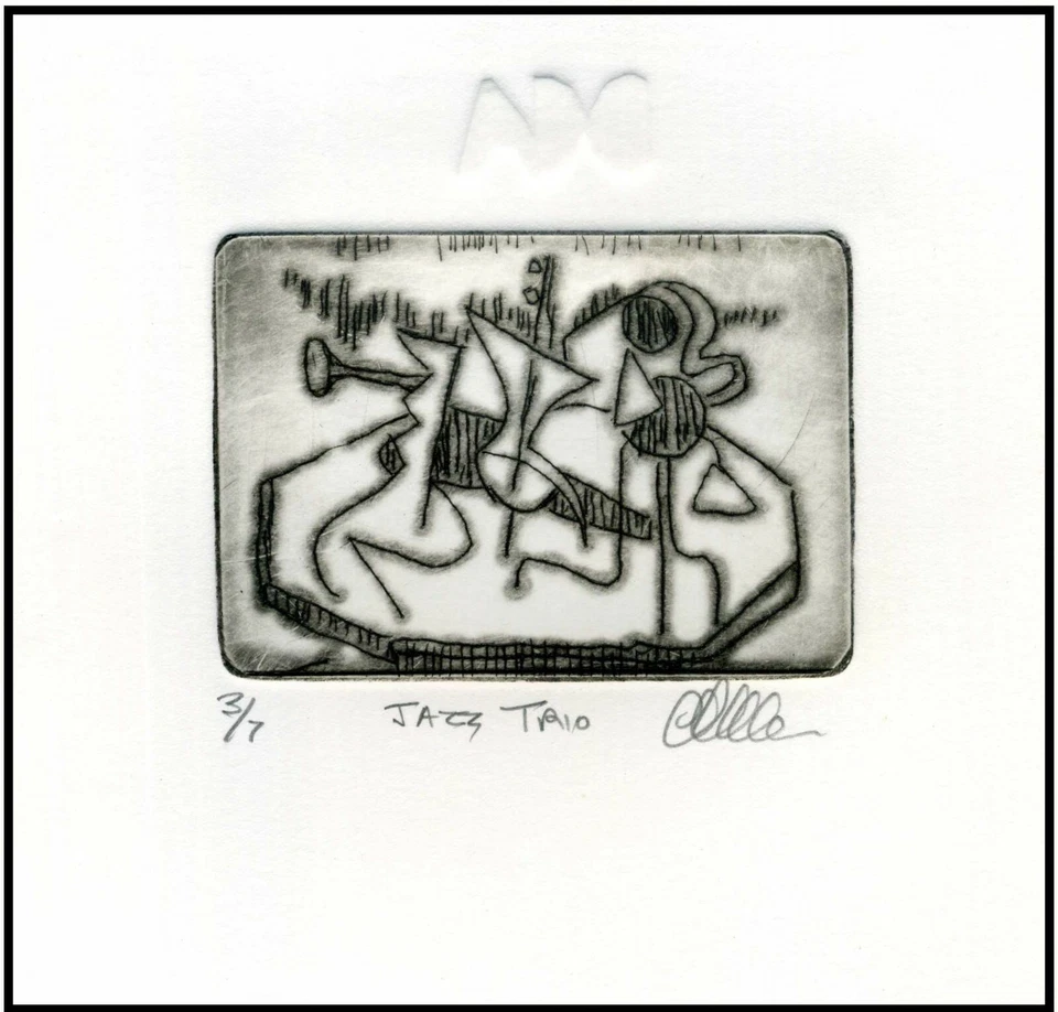 Jazz Music Trio Gig MUSICIANS. ORIGINAL Modernist Expressionist ETCHING Signed - Image 1 of 1