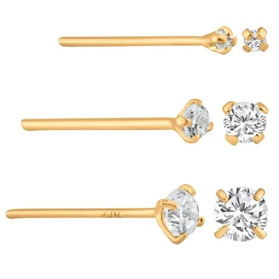 14k Solid Gold Round Cubic Zirconia 12mm Length Bar Prong Setting 22g Nose Stud - Image 1 of 3
