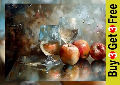 Impresión de vidrio, bodegón de manzanas 5"x7" sobre papel mate | Arte realista de pintura al óleo Foto 1 de 4