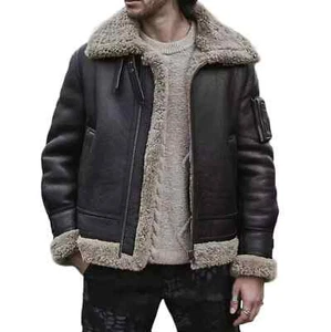 Men's Pilot Flying Aviator Leather Jacket Real Sheepskin Shearling Bomber Jacket - Picture 1 of 3