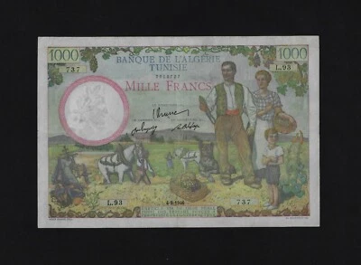 TUNISIA 1000 FRANCS 1946 P-26 VF++ Rare BACK ARABIC TEXT  - Image 1 of 2