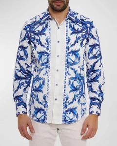 ROBERT GRAHAM ZUMA Casual Shirt w/ Embroidery Classic Fit Blue & White Sz L $348 - Picture 1 of 15