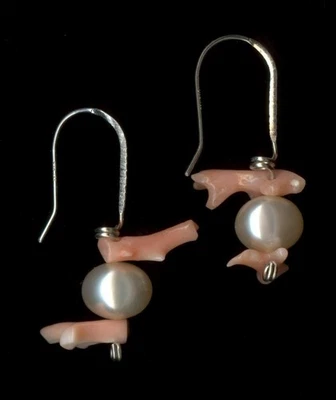14K 1.61 Gram Solid White Gold Pink Coral Gemstone & Pearl Hook Stud Earrings VO - Image 1 of 2