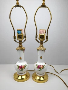 Pair Of 1970s Porcelain Gold Tone Electric Table Lamps Roses Baluster Shapes - Picture 1 of 4