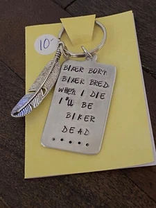 BRAND NEW ALUMINUM HAND STAMPED KEYRING BIKER BORN BIKER BRED HANDCRAFTED - Picture 1 of 1