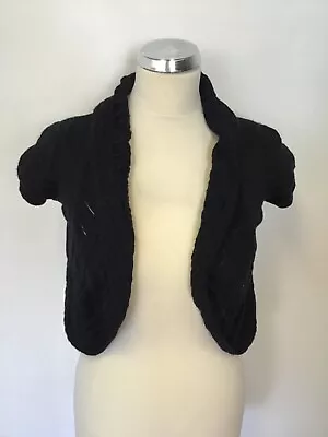 TED BAKER. 100% WOOL BLACK FINE KNIT CAP SLEEVE BOLERO CARDIGAN SIZE 1 UK 8/10 - Image 1 of 4
