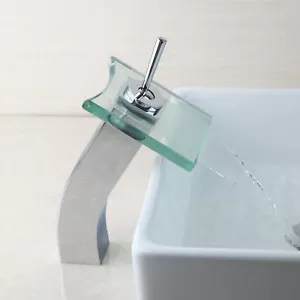 Bathroom Lavatory Basin Deck Mount Mixer Tap Glass Spout Waterfall Sink Faucet - Picture 1 of 11