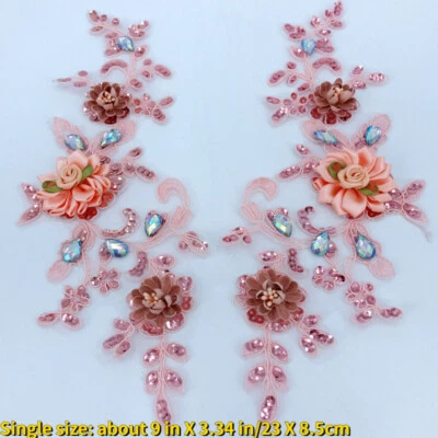 1 Pair of Floral Applique Patches Crystal Sequins Sewing for Dress Clothes - Image 1 of 4