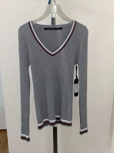 Roma Knit Ribbed V-Neck Sweater In H. Grey/Burgundy And Ivory - Size S - Picture 1 of 8