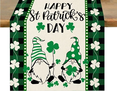 Burlap Table Runner 12x72 St. Patrick's Day Buffalo Plaid Gnomes Green Shamrock - Image 1 of 4