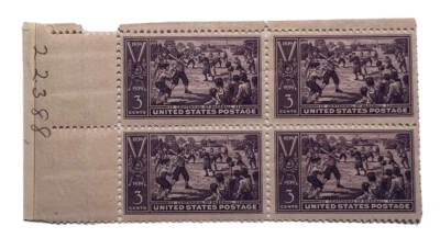 Vintage Stamps 1939 CENTENNIAL OF BASEBALL 3 Cent Purple Scott #855 Block of 4 - Image 1 of 2