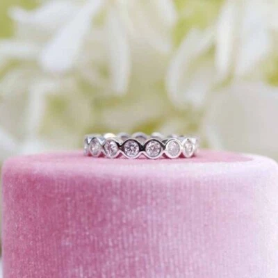 Round Moissanite Bezel Set Eternity Wedding Bridal Ring in 14k White Gold Plated - Image 1 of 4